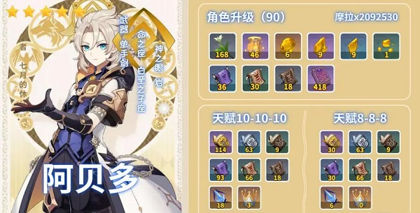 原神阿贝多天赋升级所需的材料是什么